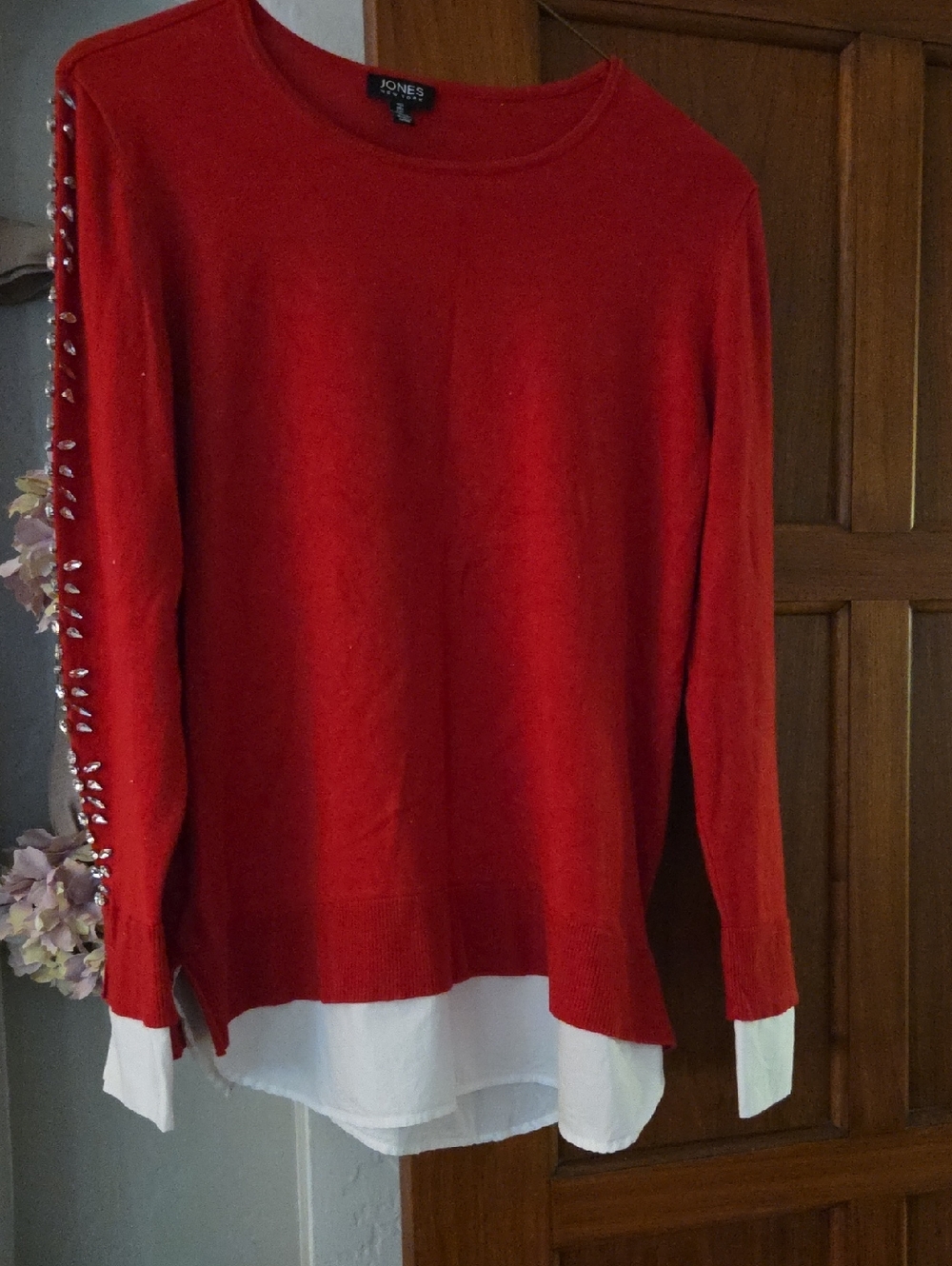 Jones New York Red Sweater with White Layered Hem and Studded Sleeves